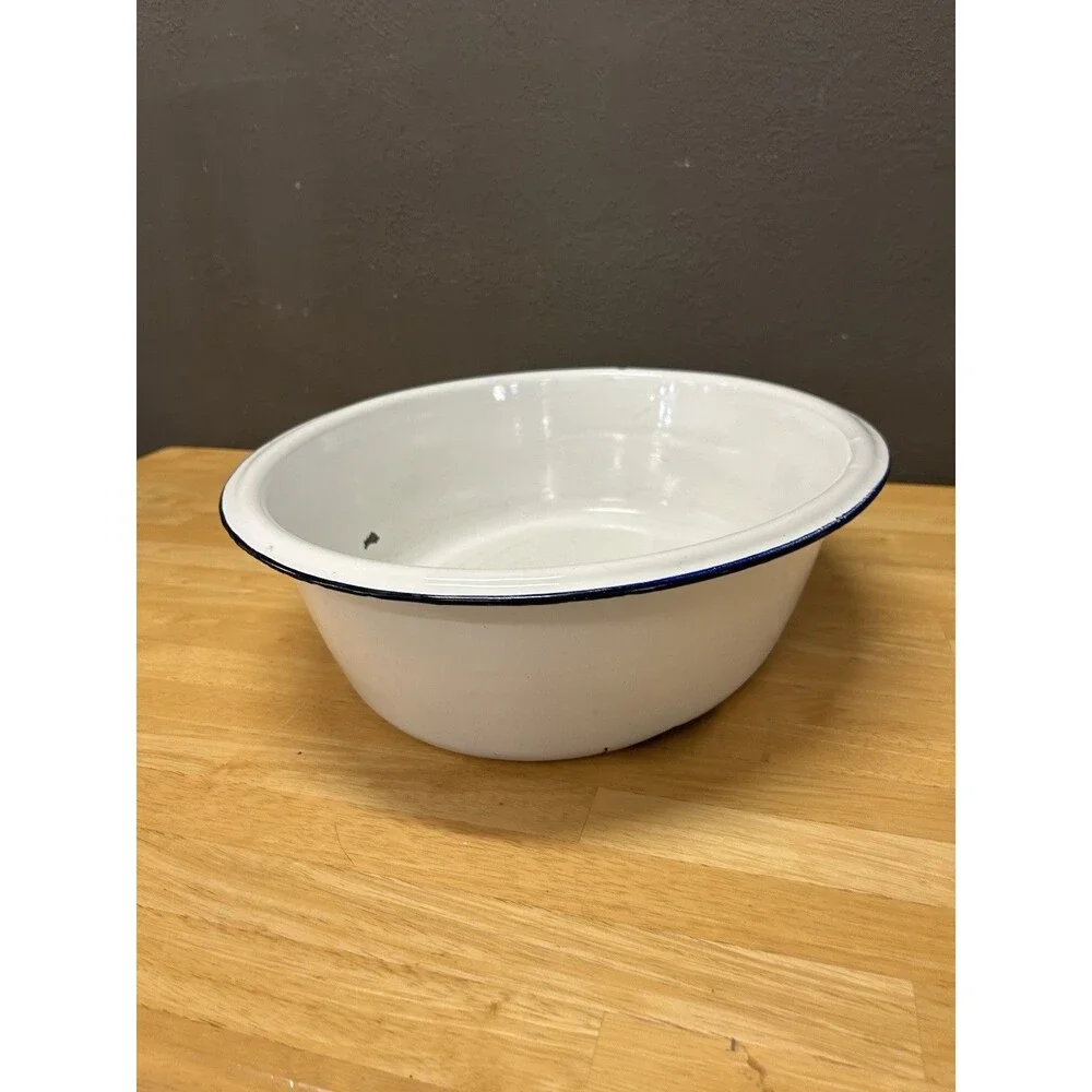 Vintage Enamelware Wash Basin White Black Trim 20x16 Farmhouse Rustic Primitive